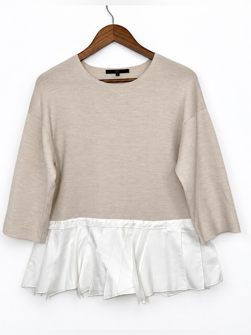 Tibi Wool Layered Look Twofer Sweater M Beige Pleated Satin Hem Crewneck